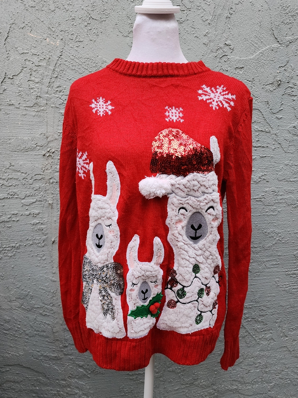 Poof Llama Family Ugly Christmas Sweater Sequin Santa Hat Red Small